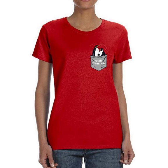 Penguin Family In Pocket Shaped T-Shirt Women -Image by Shutterstock, Female 3X-Large