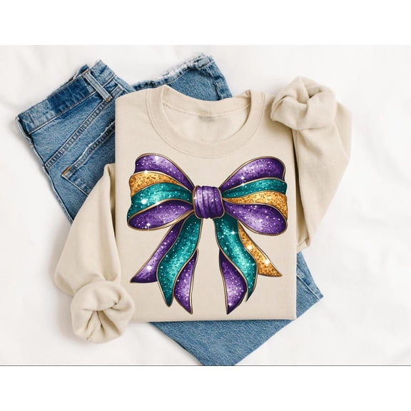 Tee Clo Mardi Gras Coquette Bow Sweatshirt Retro Parade Purple Green Yellow Outfit, Full size S-5XL