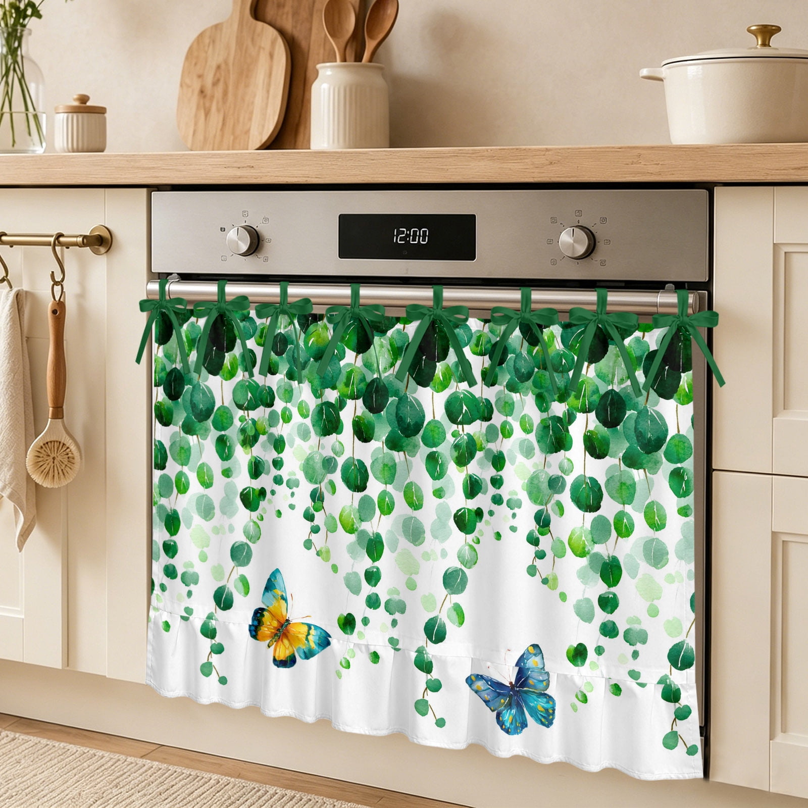 Spring Plants Oven Skirt Curtain Watercolor Butterflies Gradient Green Eucalyptus Leaves Tie Top Tier Curtains Stove Dishwasher Skirt Small Window Drapes for Kitchen Bathroom Cafe 27 x20