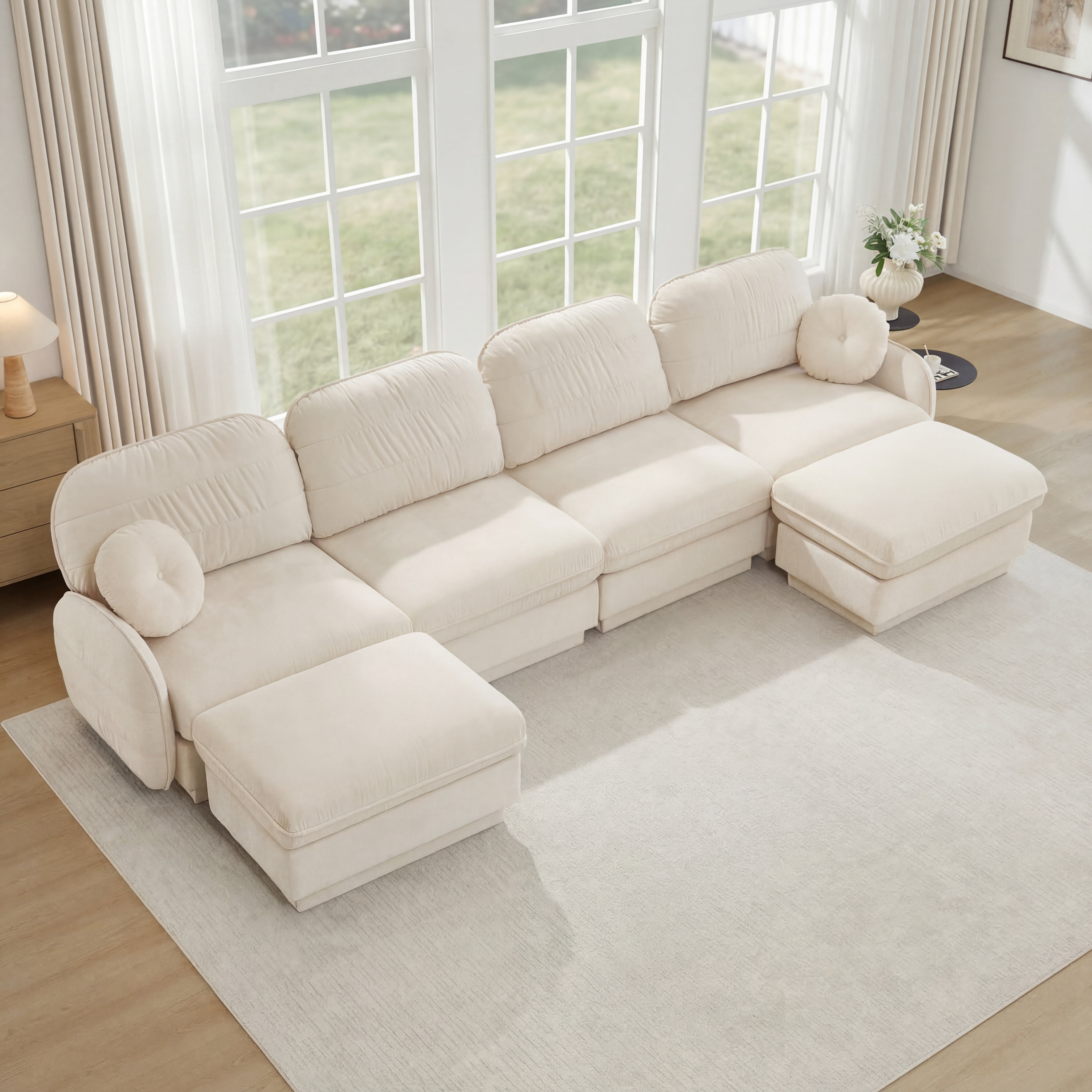 Mintazer 137" Chenille Cloud 4-Seater Modular Sectional Sofa with 2 Movable Ottoman & Round Pillows, U-Shaped Ergonomic Sofa Couch for Living Room, Apartment, Cream