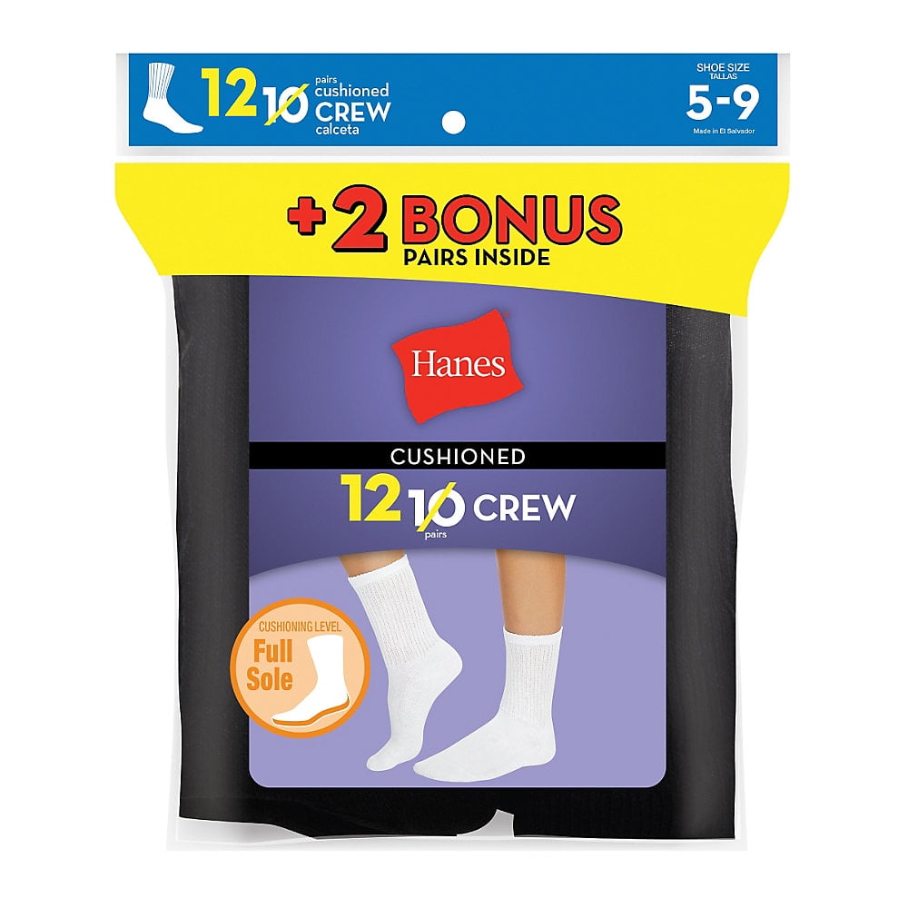 Hanes Womens' Cushioned Crew Athletic Socks, 10+2 bonus pack