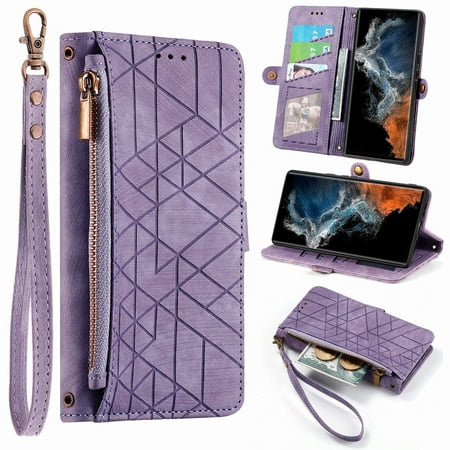ELEHOLD for Samsung Galaxy A22 5G Case,Galaxy A22 5G Wallet Case for Women Men, Geometric Patterns PU Leather Magnetic Flip Strap Zipper Card Holder Phone Case,Purple