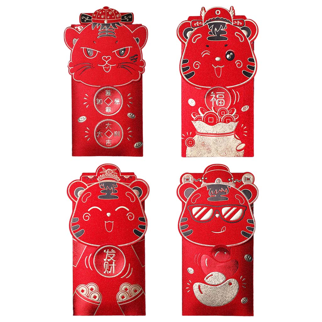 JNANEEI 4pcs 2022 Chinese Zodiac New Year Red Envelopes Cartoon Tiger jnaneei-4pcs-2022-chinese-zodiac-new-year-red-envelopes-cartoon-tiger