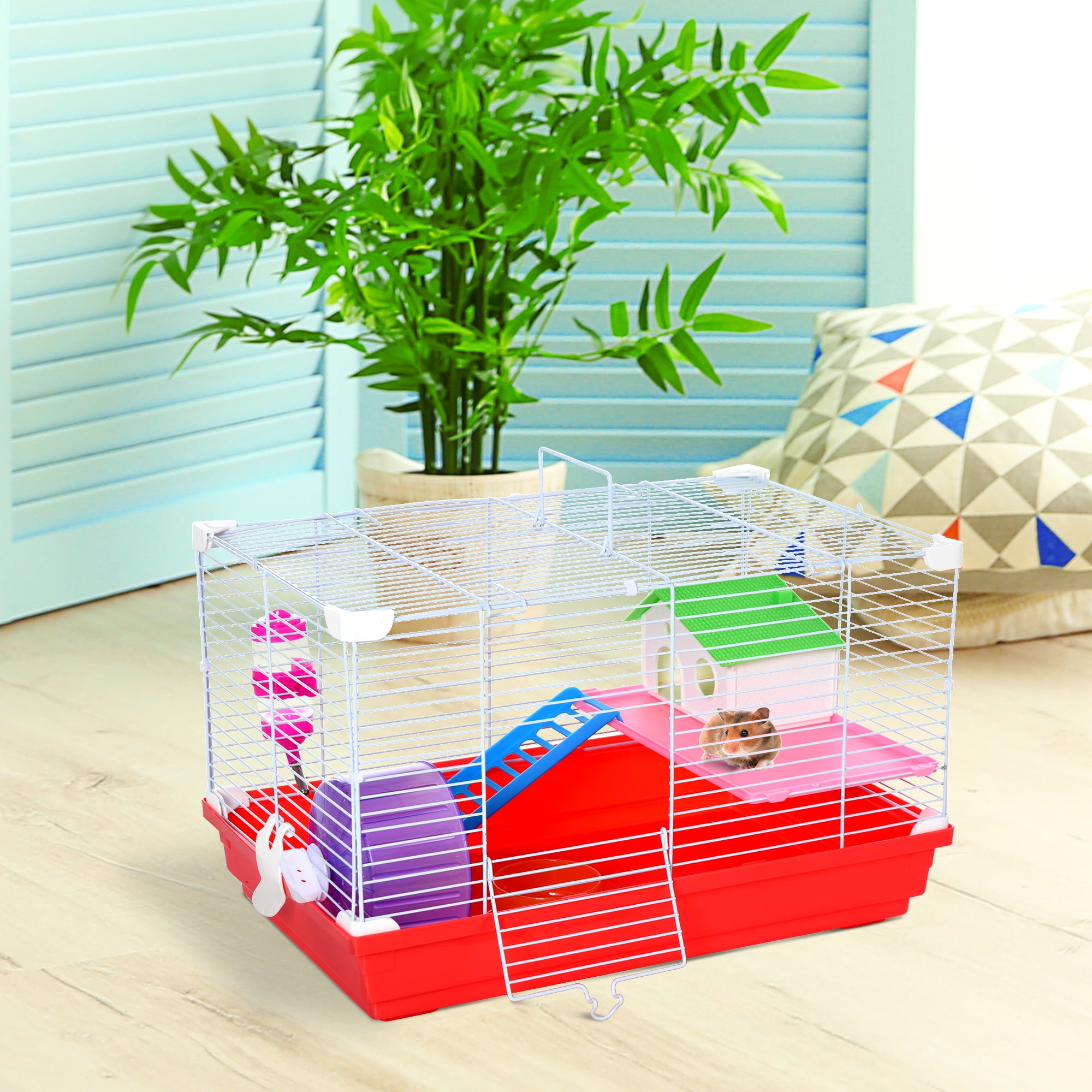 PawHut 18.5" 2-Tier Hamster Cage with Wheel and Water Bottle, Red