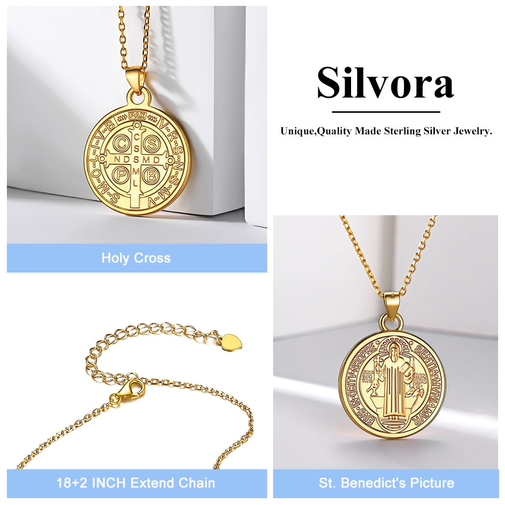 Silvora 18K Gold Plated St Benedict Medal Necklace 925 Sterling Silver Saint Benedict Pendant Chain Catholic Jewelry Gift for Women Men