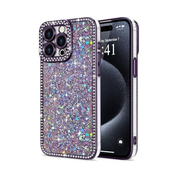 for iPhone 15 Pro Max Case Glitter, Luxury Shiny Bling Sparkly Bumper Cover with Crystal Diamonds for Women Girls Soft Slim Shockproof Protective Phone Case for iPhone 15 Pro Max 6.7", Purple