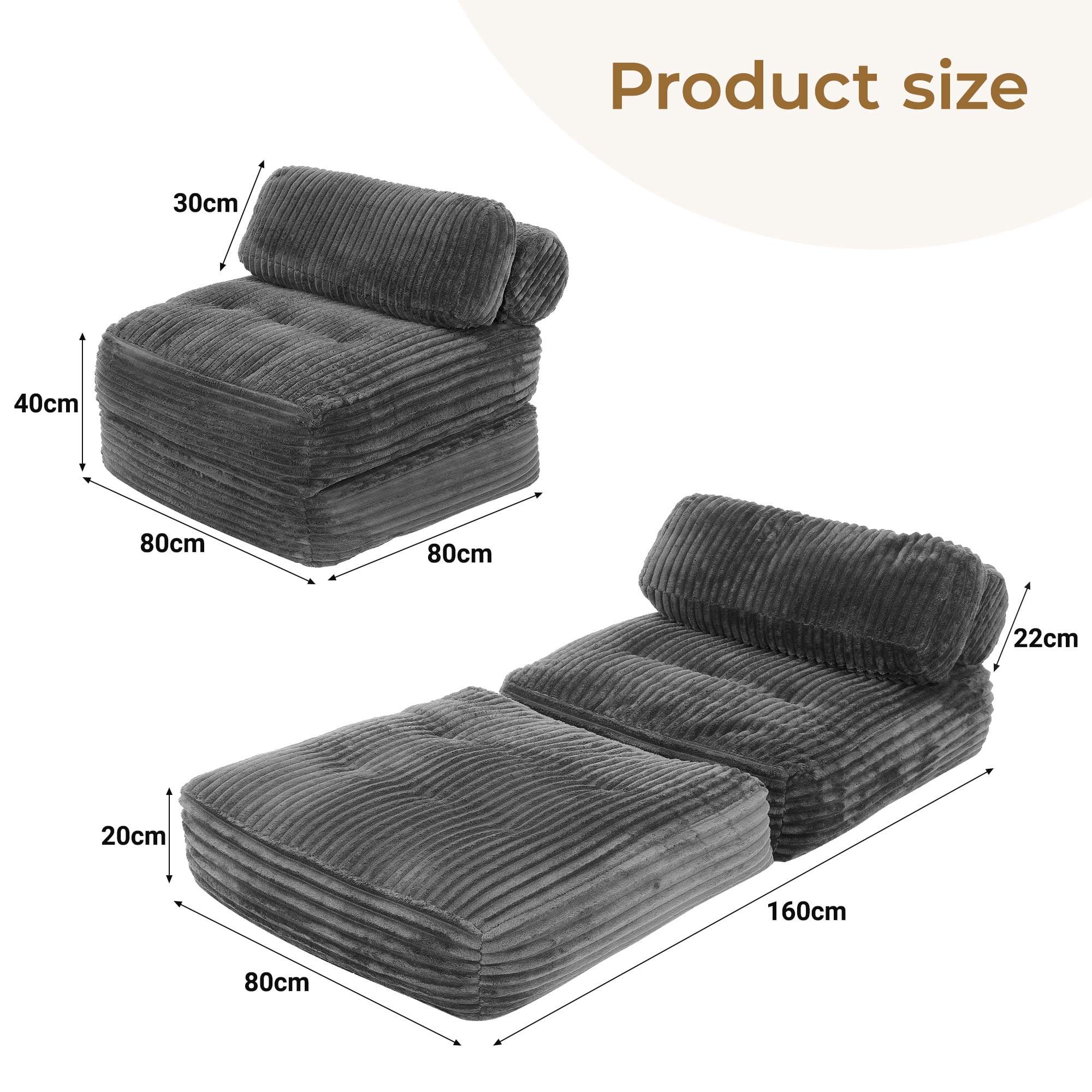 Neche Single Corduroy Convertible Sleeper Sofa - Folding, Pillow Included, Back Support, Portable for Living Room & Bedroom, Gray