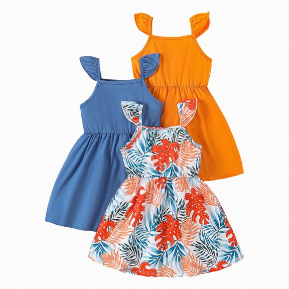 Splozh Girls Ruffle Dress 2T 3T 4T 5T 6T 7T 8T Girls Dresses Toddler Girls Dress 3 Pack Casual Party Print Skater A Line Dress,Orange,7-8 Years