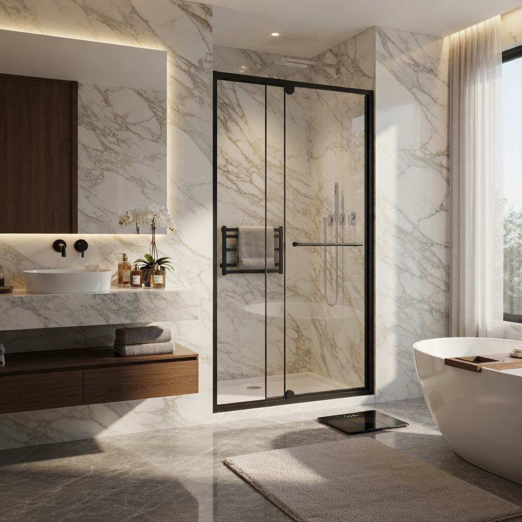 Hommoo 44-48" W x 72" H Pivot Shower Door, 1/4" Thick SGCC-Certified Tempered Glass, Stainless Steel Handle & Aluminum Frame, Reversible Left/Right Installation, Black & Transparent