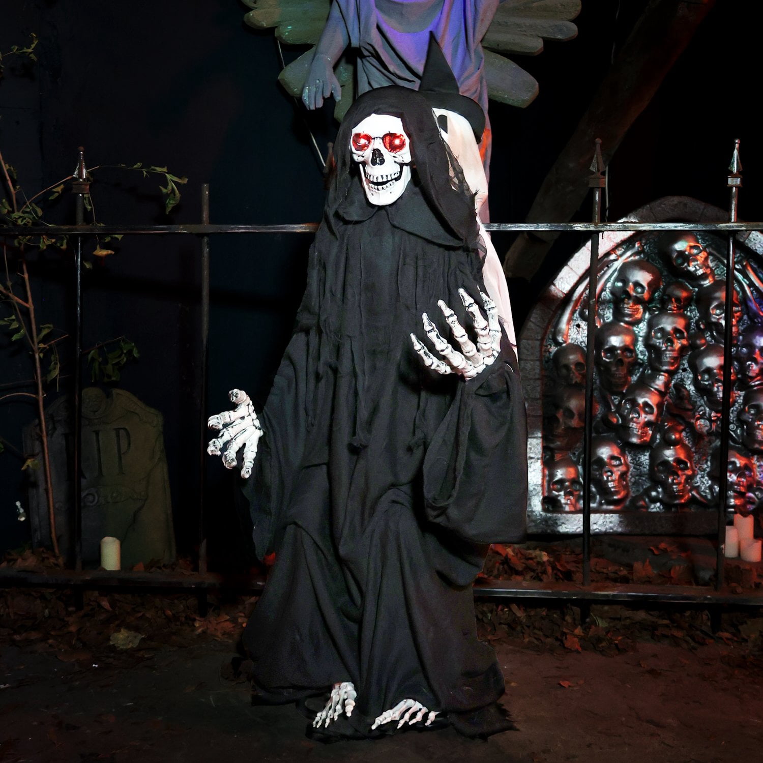 Haunted Hill Farm Red LED Battery Reaper with Hide and Seek Ghost Halloween Animatronic 3.9-Ft.