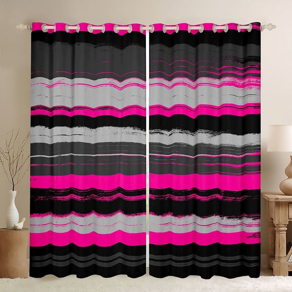 Manfei Abstract Brushstroke Stripe Kitchen Curtains, Neon Pink Gray Black Out Curtains Pack of 2 (42x63 Each), Pink Black Gray