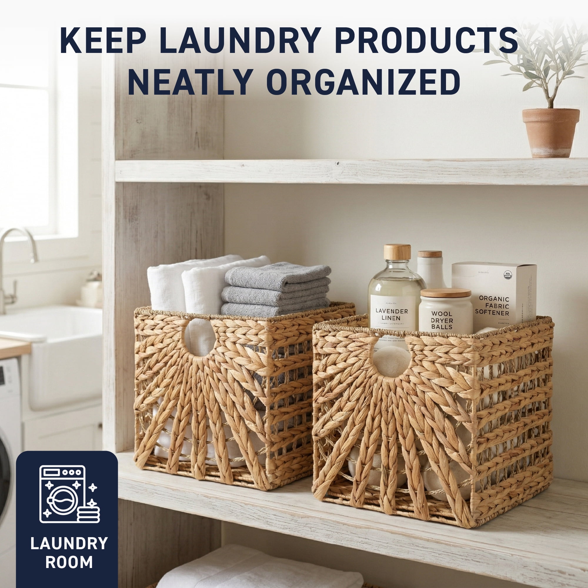 Ornavo Home 13 x 13 Inches Water Hyacinth Seagrass Storage Basket Set of 8 | Natural Handwoven Cube Organizer Bins with Handles for Shelves, Closets, Living Room, Bedroom, Pantry and Laundry