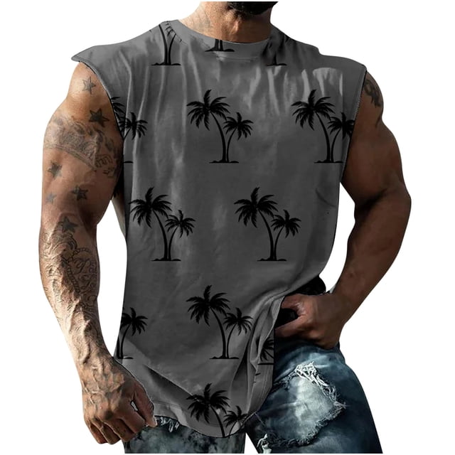 Débardeurs de Gym pour Hommes, T-Shirts Graphiques Imprimés Amusants, Débardeurs d'Été Décontractés Sans Manches à Col Rond, Débardeurs de Plage Hawaïens