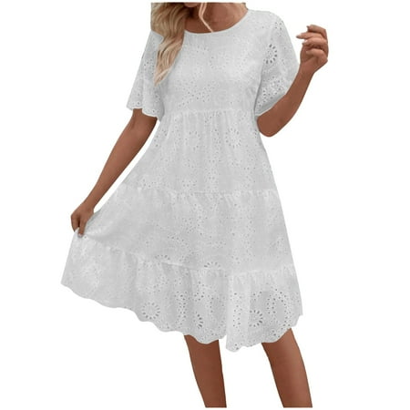 Nxznwn Women s Summer Dresses Lace Eyelet Short Sleeve Crewneck Tiered Midi Dress Ruffle Hem Babydoll Short Dress
