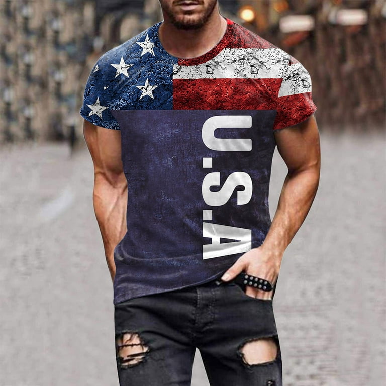 YUHAOTIN T-Shirts for Men Graphic Vintage Independence Day Flag  Spring/Summer Leisure Sports Comfortable Breathable Sweat Absorbing Crew  Neck Short Sleeved T Shirt Mens T-Shirts V Neck Black 