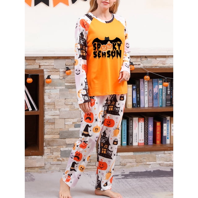 xiaxaixu Family Matching Halloween Pajamas, Baby Rompers/Bat Pumpkin Letter Print Long Sleeve Tops and Pants Sleepwear Set