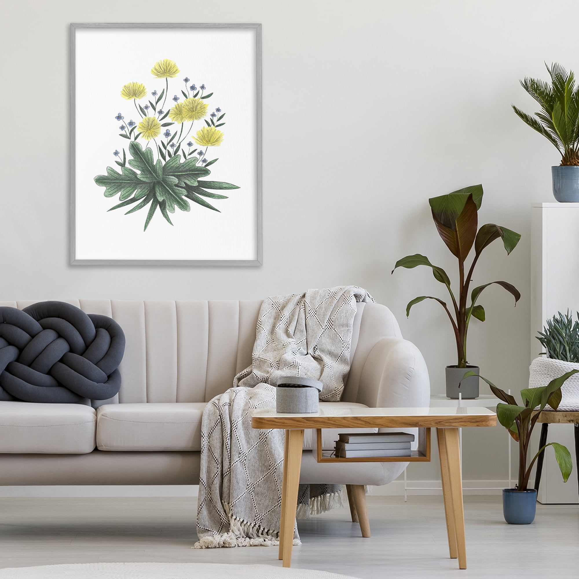Dandelion Flower Illustration Gray Framed Giclee Art, design by Cecilia Battaini