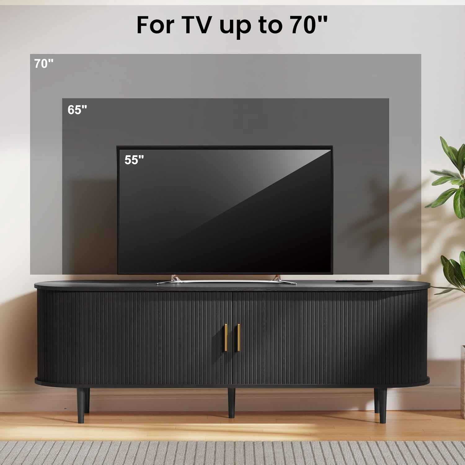 63 Inch Mid-Century Modern TV Stand with Power Outlet for TVs up to 70 Inches, Entertainment Center with Sliding Doors, Adjustable Shelves and Storage, Media Console for Living Room, Black