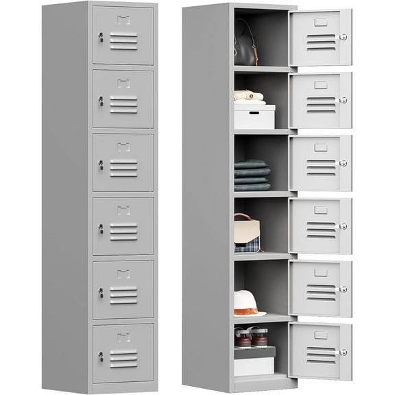 Metal Locker with 6 Doors, 71" Tall Storage Locker for Employees, Lockable Locker Cabinets for School, Gym, Home, Office, Garage, Gray