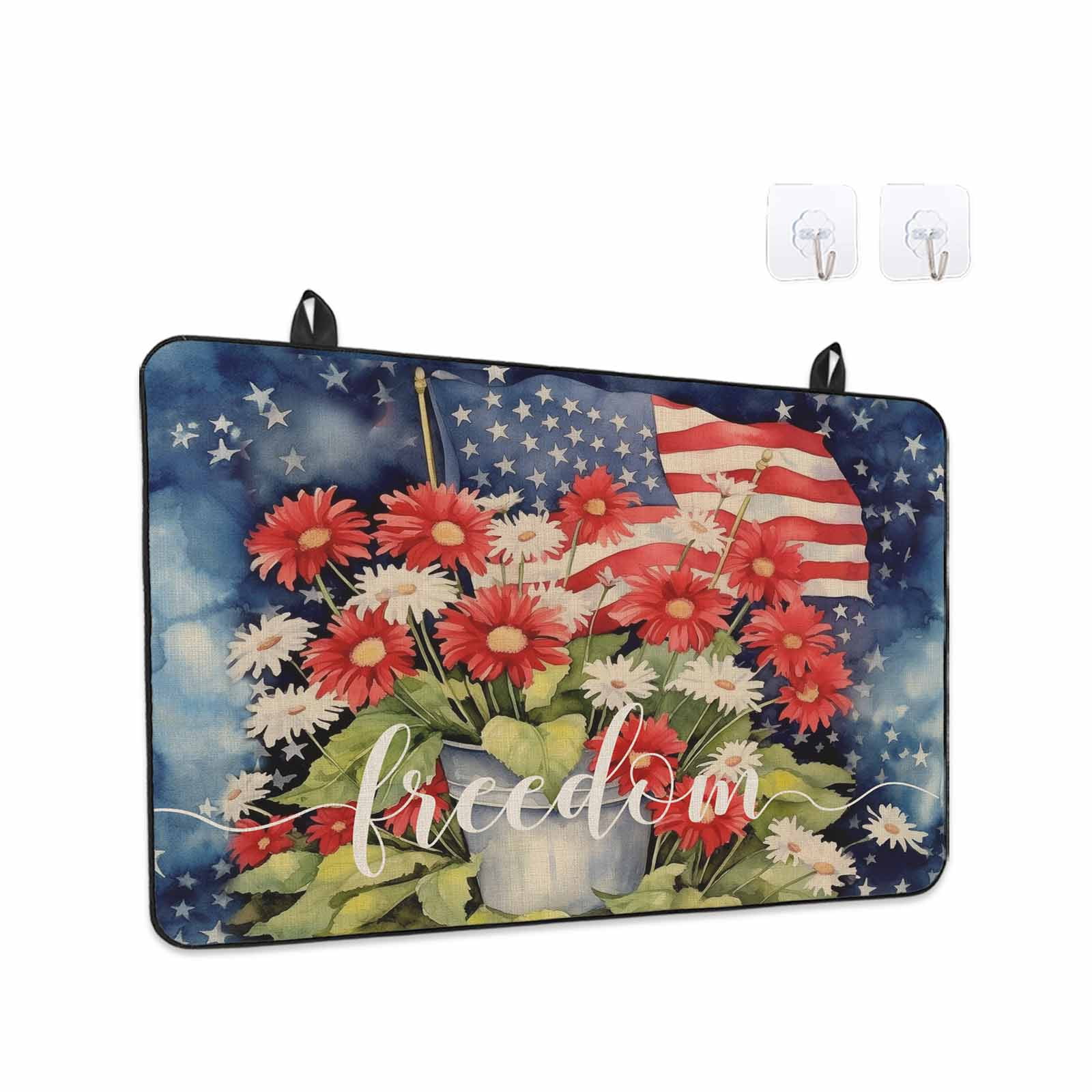 4th of July Stove Top Cover for Electric Stove, Heat-proof & Non Slip Glass Top Stove Cover Protector, Watercolor Floral Botanical American Flag Kitchen Flat Cooktop Rubber Mat 24x21 Inches