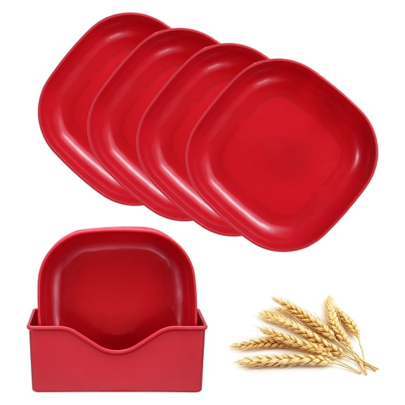 Uxcell 5Pcs Square Wheat Straw Plates, 14.5cm/5.7 Inch Unbreakable Plastic Plates with Base Microwave Dishwasher Reusable Deep Dinner Plate for Pasta Salad Fruit Kitchen Food, Red