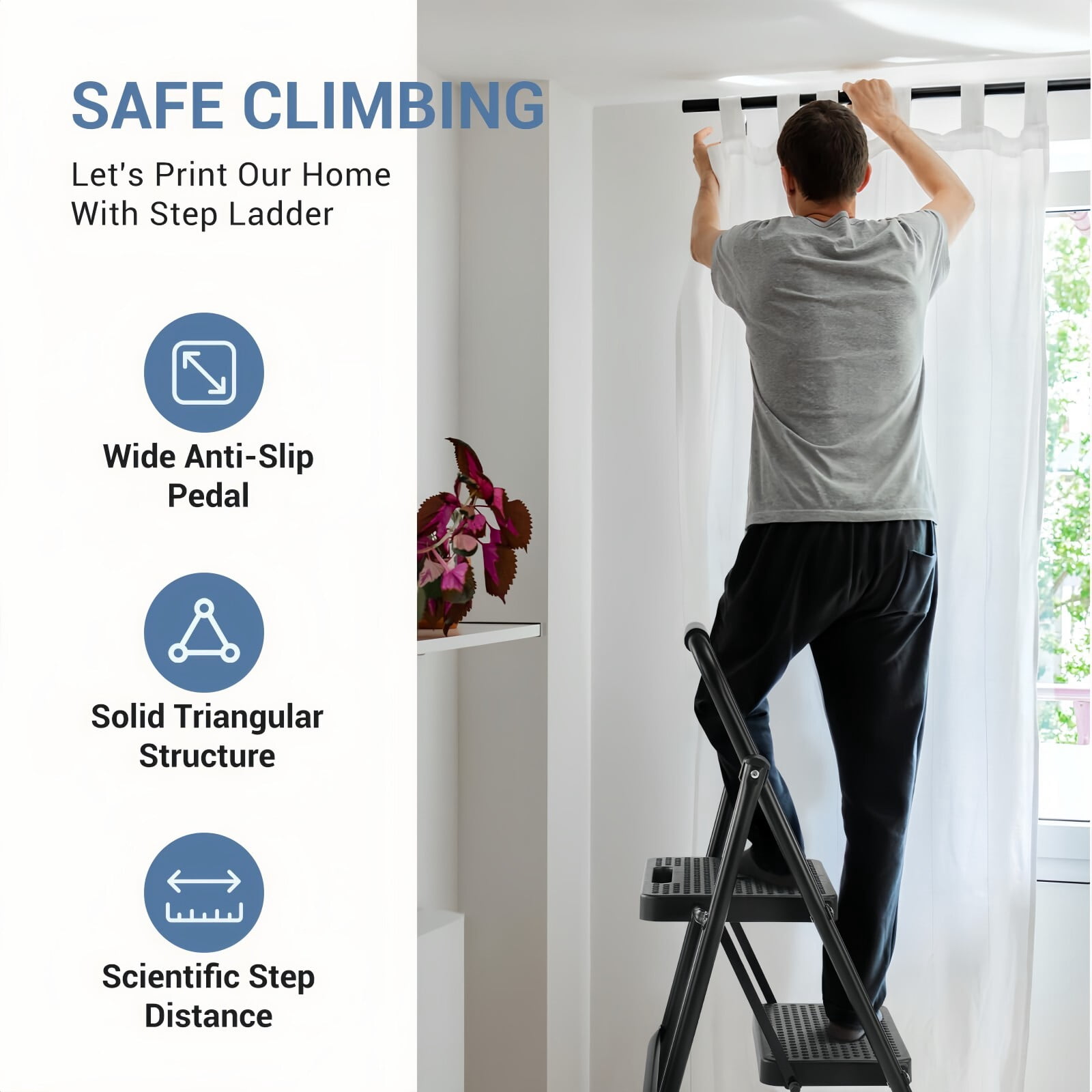 Kelno 2 Step Ladder 800Lbs Capacity Folding Step Stool with Anti Slip Pedals Safety Handrail, Pure Black