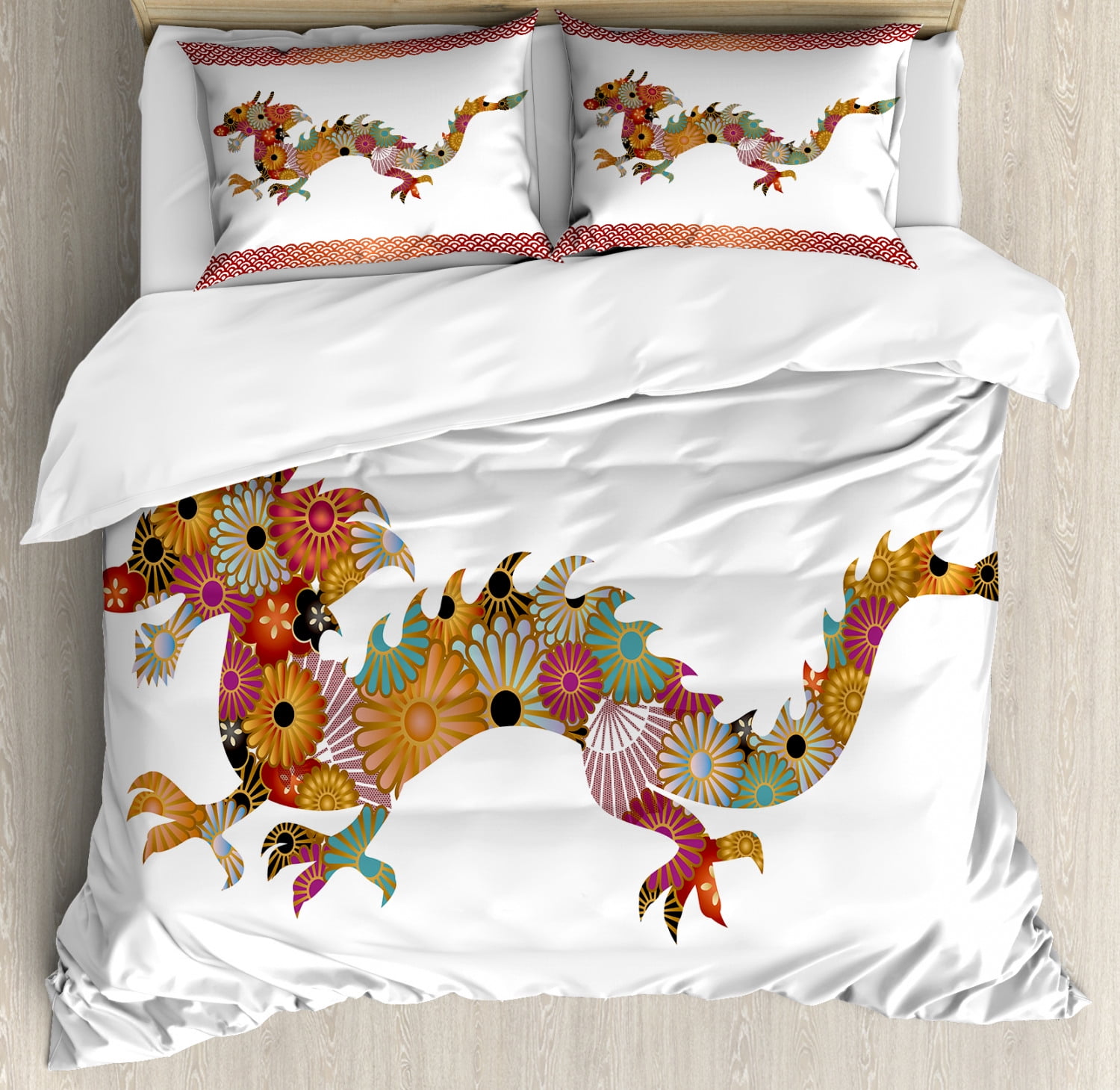Dragon Duvet Cover Set Queen Size, Floral Ornamental Dragon Body