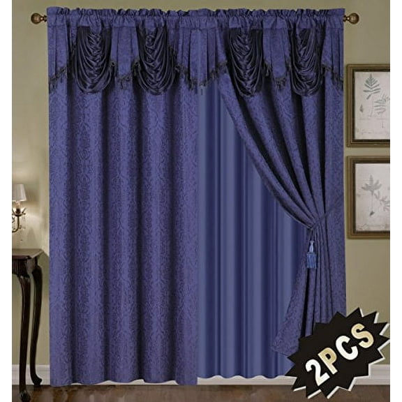 Luxury Embroidered Curtain Set. 4 Piece Navy Drapes with Backing & Valance & Tie Backs