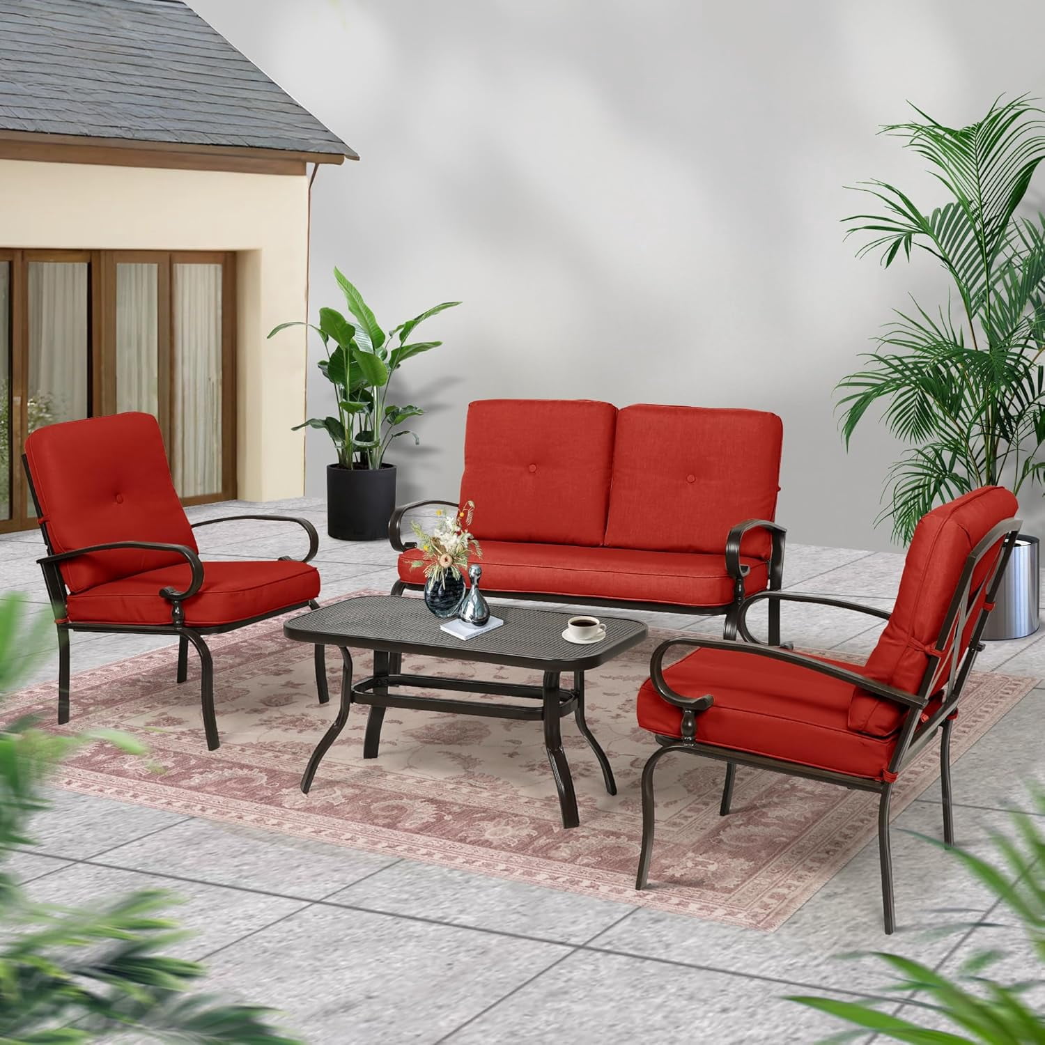 SOLAURA 4-Piece Outdoor Furniture Patio Conversation Set with Metal Table and Seating Cushions(Red)