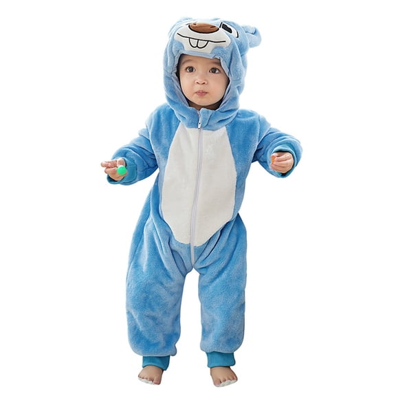 Tisuna Girls Boys Jumpsuit Toddler Animals Print Long Sleeve Hooded Romper Casual Loose Autumn Winter Kids Zip Up Bodysuit Blue Size 2-3 Years