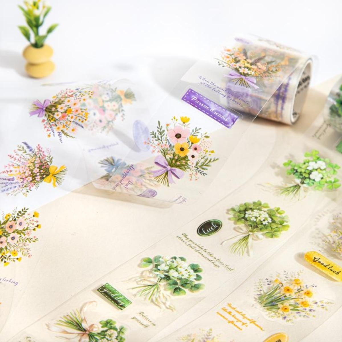 6 Rolls of 12m Floral Die-Cut Tapes Bouquet and Text Themes PET Waterproof Material Retro Style DIY Planner Decoration Scrapbook Material Tape
