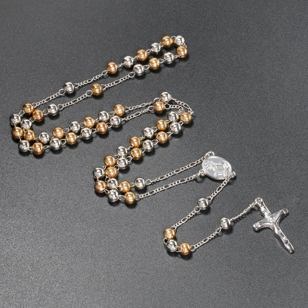 ChainsHouse Catholic Rosary Necklace For Women - Stainless Steel/Black/14K Gold Plated With Glass Pearl Beads, Gift Box