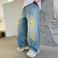 thumbnail image 2 of Coerni Trendy Jeans for Boys Loose Elastic Waist Straight Jeans Summer Blue & Yellow Ripped Denim Pants with Pockets, 2 of 9