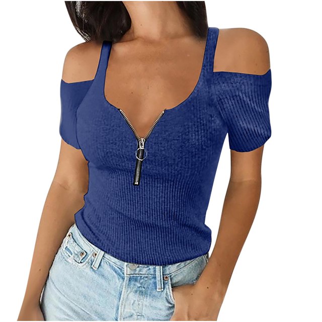 Pompotops Mode Femmes Décontracté Ample Uni Col en V Fermeture Éclair Aguichant Manches Courtes T-Shirt Blouse