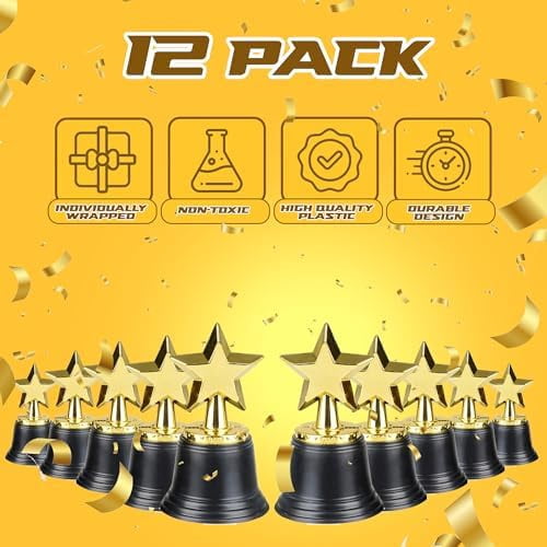 JARTC Star Trophy Award - (Pack of 12) Bulk - 4.5 Inch Gold Trophies for Kids Awards, Choice Prizes for Adults, Winner Competitions, Sports Events, Party Decorations, Teachers and Party Favors