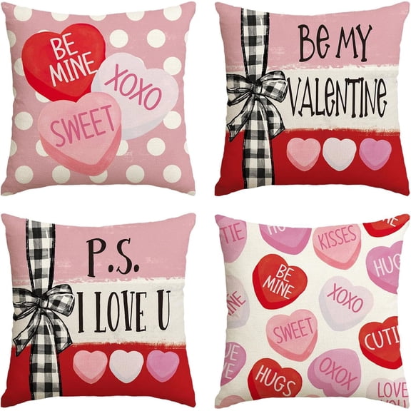 Be My Valentine Red Candy Heart Throw Pillow Covers, 18 x 18 Inch Valentine Stripes Wedding Cushion Case Decoration for Sofa Couch Set of 4
