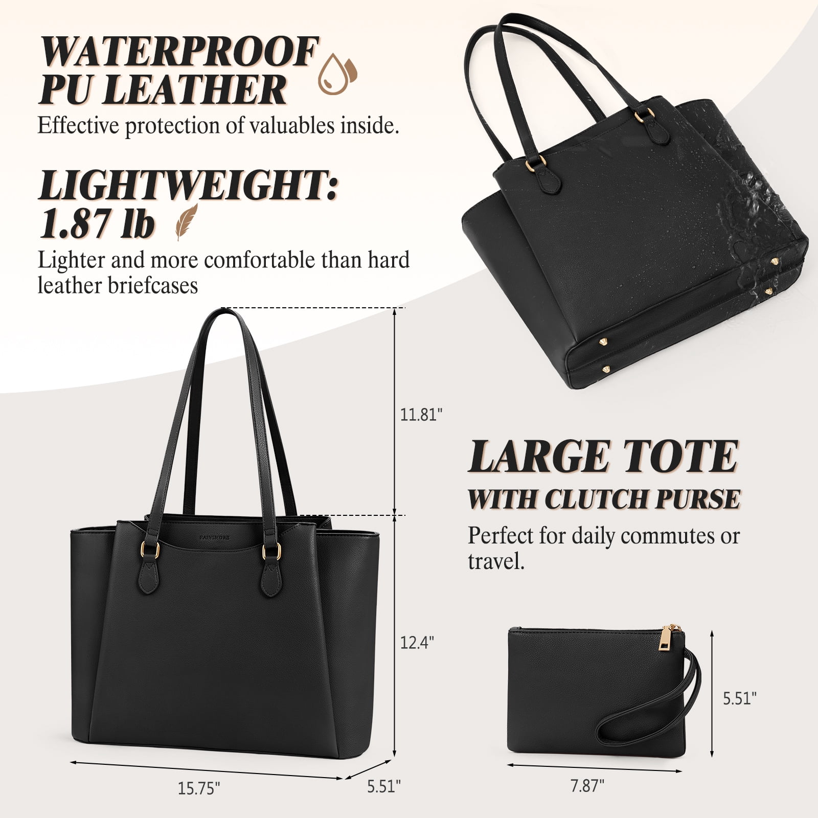 RAINSMORE Laptop Bag for Women 15.6 Inch Work Tote Bags Waterproof Computer Bags Leather Professional Laptop Purse Womens Laptop Briefcase Large Handbag for Office Teacher Travel