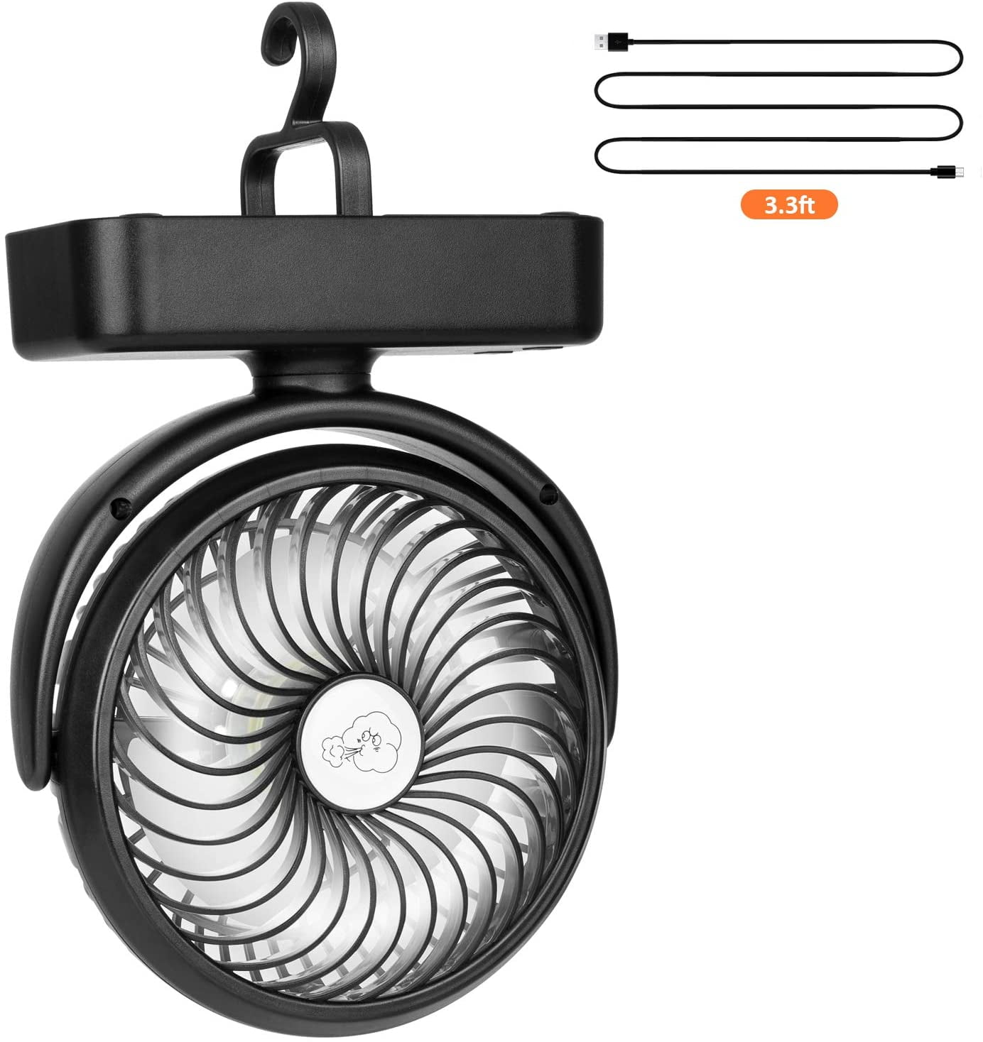 Portable Battery Fan 5000mAh Rechargeable, Camping Fan with Light, Foldable with Hook, for Tent RV Outdoor
