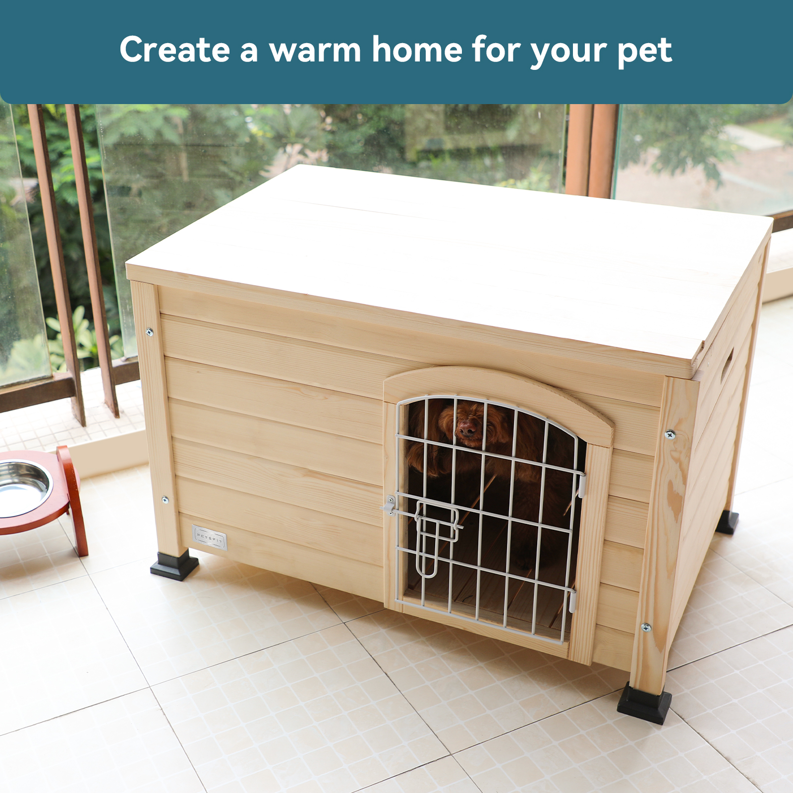 Petsfit Indoor Dog House Ventilate Wood Cat Houses with Elevated Floor&Anti-Slip Bottom Natural Wood Small