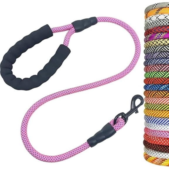 Eryueer 3FT Heavy Duty Rope Dog Leash, 6/8/10FT Nylon Pet Leash with Soft Padded Handle, Thick Lead Leashes for Large Medium Dogs Walking Training (Pink-Blue dot, 1/2" * 3')