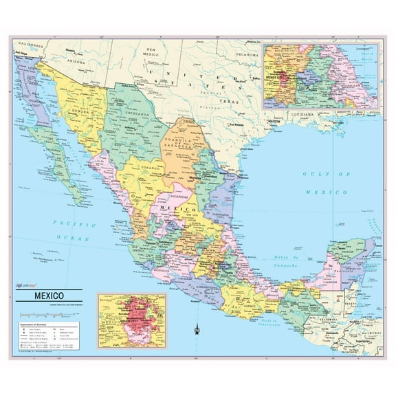 Cool Owl Maps Mexico Wall Map Poster - Laminated 35"x30"