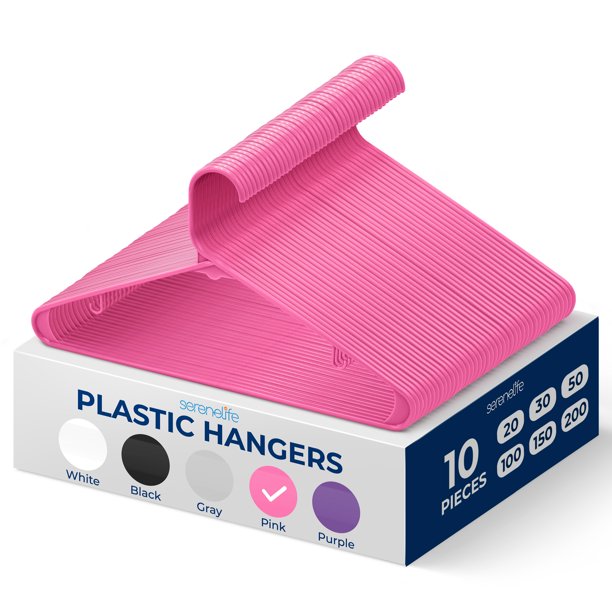 Ganchos de Plastico Premium SereneLife, Antideslizantes, Ahorradores de Espacio, Duraderos y Resistentes, para Camisas, Suéteres, Sudaderas, Abrigos, Pantalones y Vestidos, Rosa, Pack 10