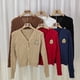 thumbnail image 2 of Suéter bordado con cuello en V para mujer, abrigo de otoño 2024, nuevo cárdigan de punto ajustado de estilo preppy, camiseta, ropa para mujer, suéter dulce, 2 of 5
