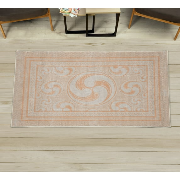 Geometric Decorative Rug, Whirling Look Abstract Circle Design Rounds Pattern in Soft Colors Print, Quality Carpet for Bedroom Dorm and Living Room, 6 Sizes, Peach and Off White, by Ambesonne