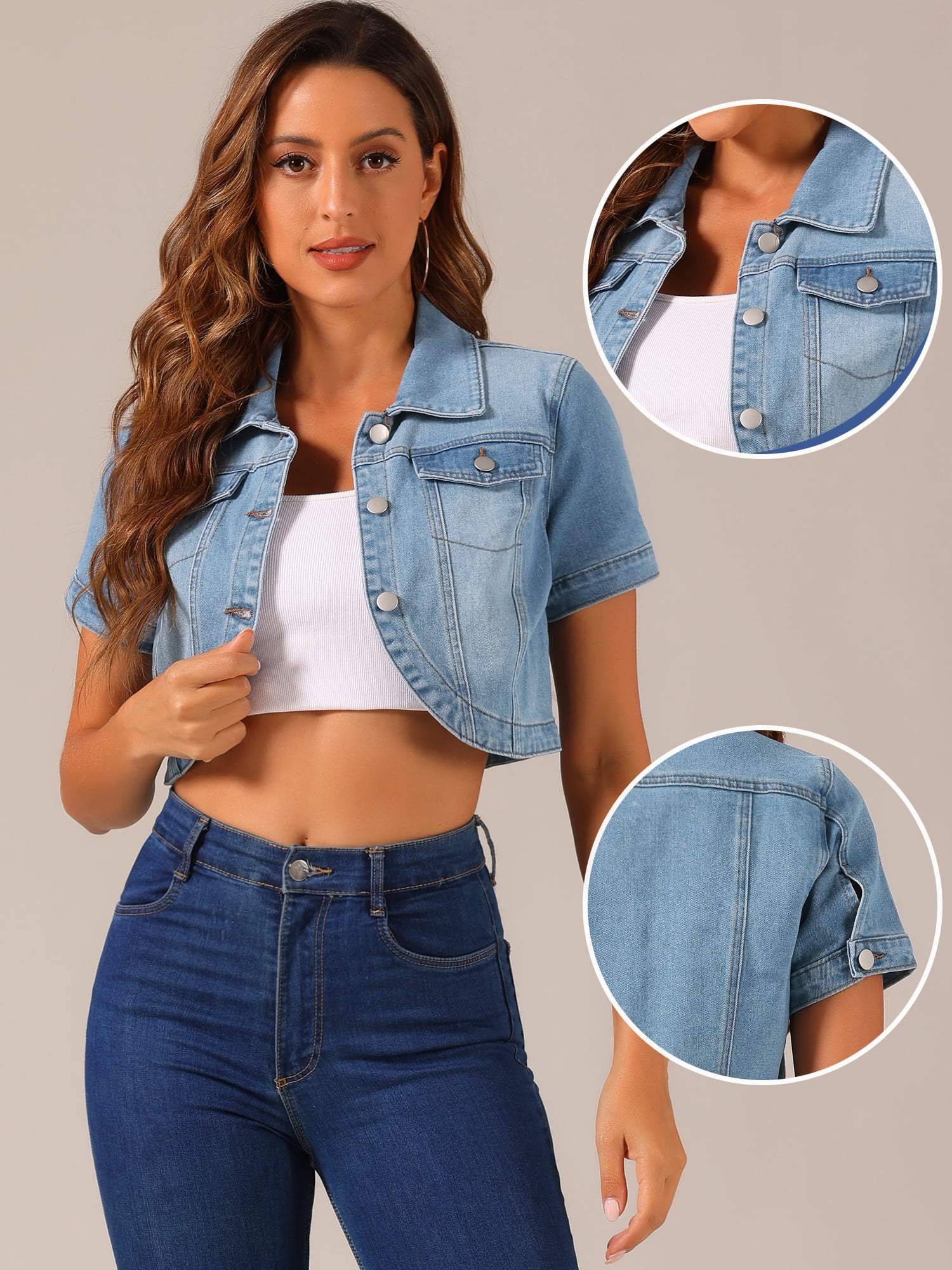 DARING DIVA Women's Summer Short Sleeves Crop Denim Jackets XS Light Blue