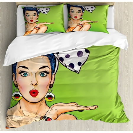 

Lips Duvet Cover Set Queen Size Comic Style Pop Art Retro Girl with Blue Hair Polka Dotted Hair Tie Blowing a Kiss 3 Piece Bedding Set with 2 Pillow Shams Multicolor by Ambesonne