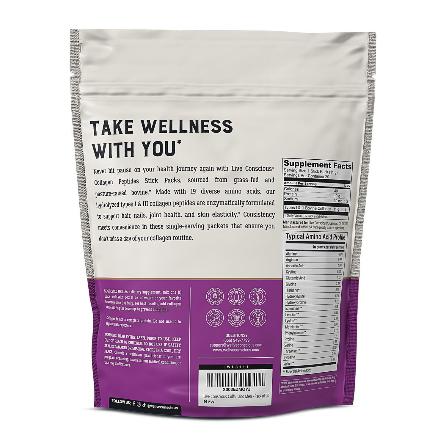 Live Conscious Collagen Peptides Packets with Biotin & Vitamin C - Grass-Fed, Hydrolyzed, Hair Skin Nail & Joint Support for Adults - 20 pack