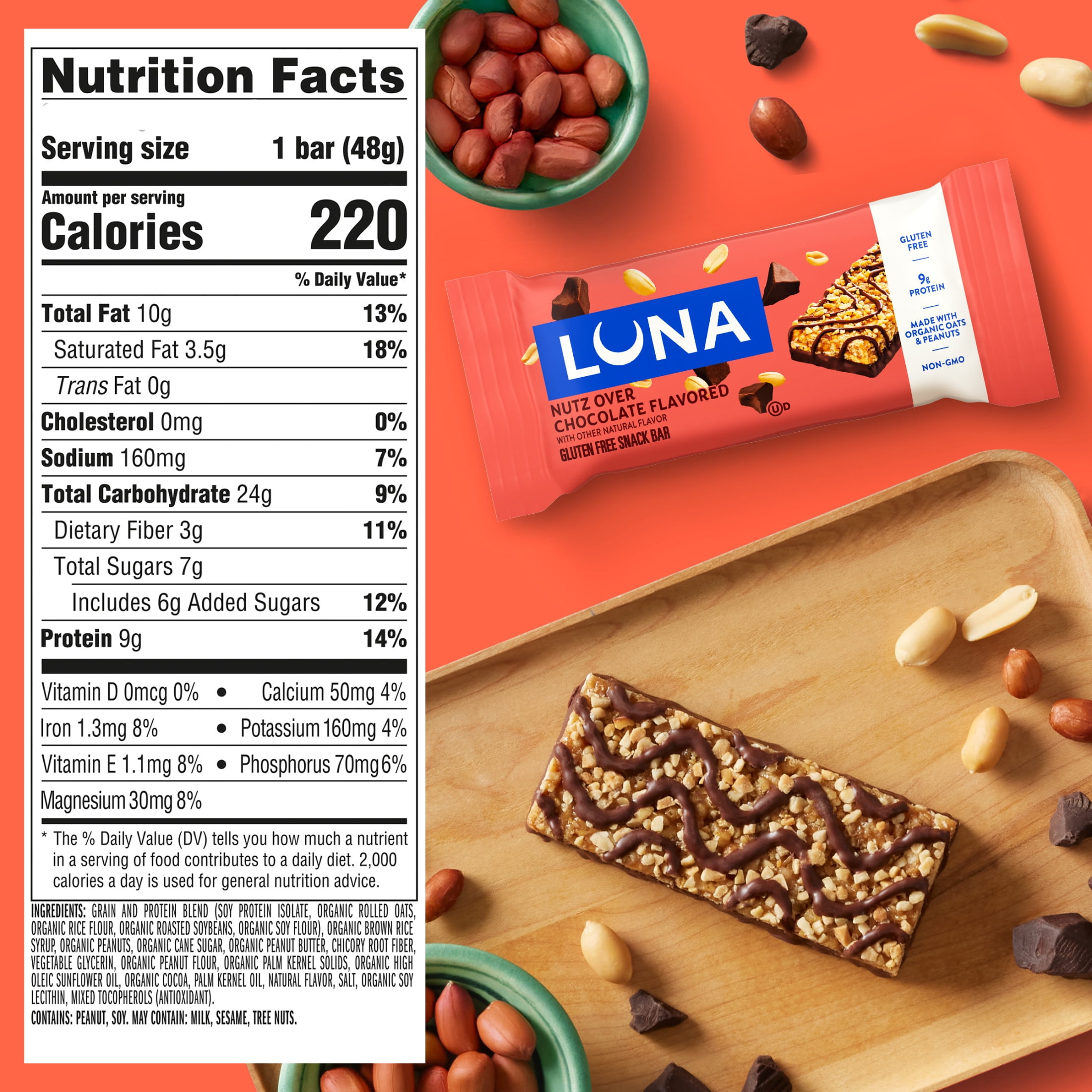 LUNA Nutz Over Chocolate Flavor Gluten Free Snack Bars, Protein Bars, 15ct