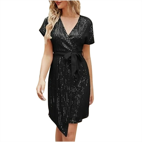 TMOYZQ Women's Dresses Sequin Sparkly Glitter Short Sleeve V Neck Wrap Bodycon Dresses Tie Waist Cocktails Party Club Fashion Homecoming Dresses