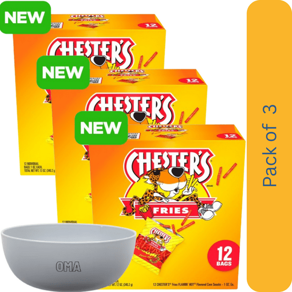 Chester’s Fries Flamin’ Hot Corn Snacks, 3 Pack (12 Count Each, 1 oz Bags) – with Bowl by OMA